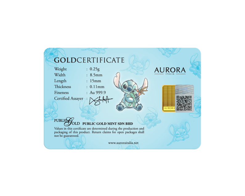 DISNEY x AURORA ITALIA (0.25g) 999.9 Stitch Limited Edition Gold Bar DISNEY x AURORA ITALIA (0.25g) 999.9 Stitch Limited Edition Gold Bar