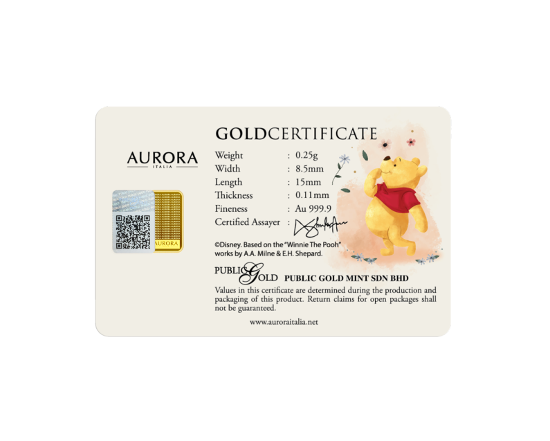 DISNEY X AURORA ITALIA (0.25g) 999.9 Winnie The Pooh Limited Edition Gold Bar DISNEY X AURORA ITALIA (0.25g) 999.9 Winnie The Pooh Limited Edition Gold Bar