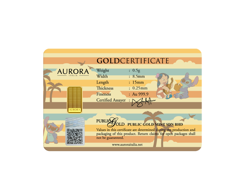 [NEW LAUNCH] DISNEY x AURORA ITALIA (0.5g) 999.9 Lilo & Stitch Limited Edition Gold Bar