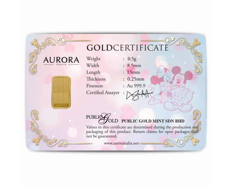 DISNEY x AURORA ITALIA (0.5g) 999.9 Disney Mickey Happy Wedding Limited Edition Gold Bar