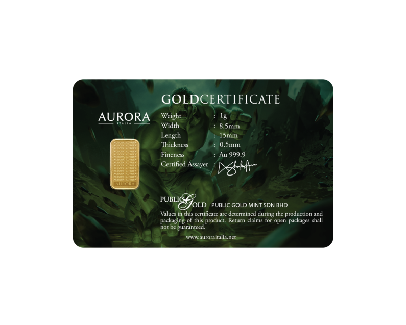 MARVEL x AURORA ITALIA (1g) 999.9 The Incredible Hulk Limited Edition Gold Bar MARVEL x AURORA ITALIA (1g) 999.9 The Incredible Hulk Limited Edition Gold Bar