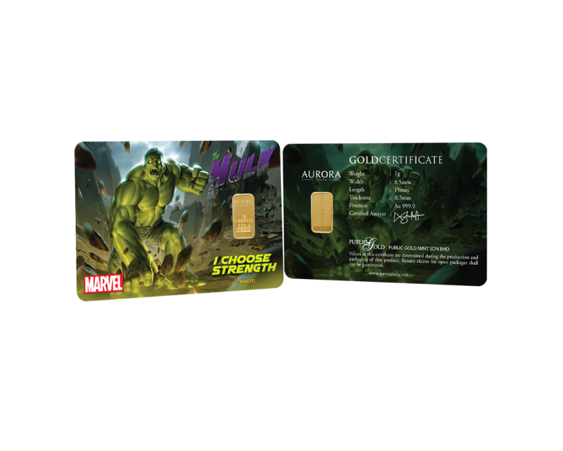 MARVEL x AURORA ITALIA (1g) 999.9 The Incredible Hulk Limited Edition Gold Bar MARVEL x AURORA ITALIA (1g) 999.9 The Incredible Hulk Limited Edition Gold Bar