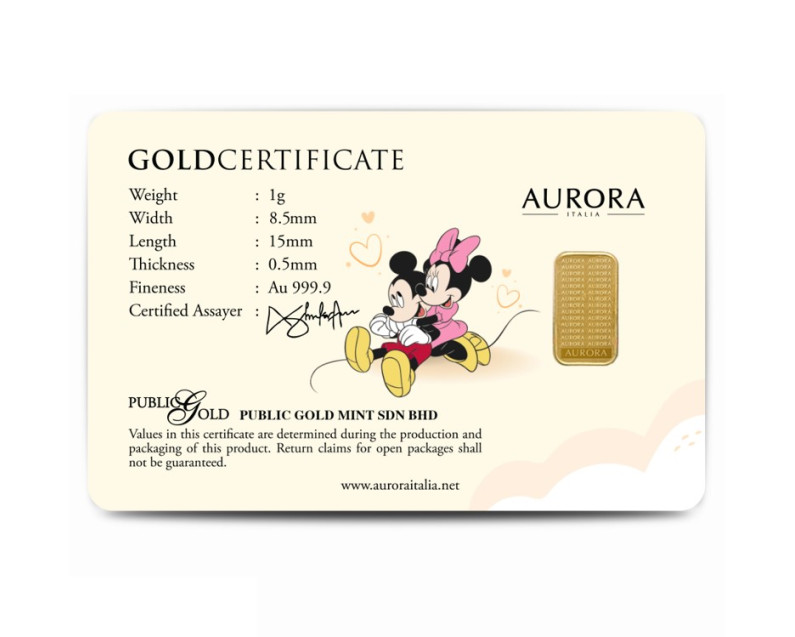 DISNEY x AURORA ITALIA 1g 999.9 Aku Cinta Padamu Limited Edition Gold Bar