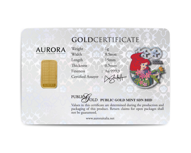 DISNEY x AURORA ITALIA (1g) 999.9 Princess Collection - Ariel 2 Limited Edition Gold Bar