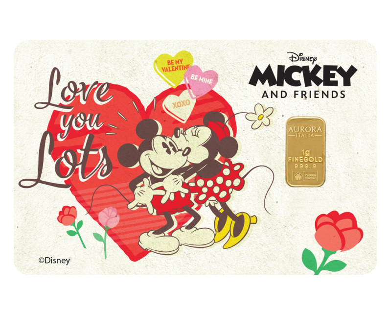 DISNEY x AURORA ITALIA (1g) 999.9 Mickey & Minnie Valentine Limited Edition Gold Bar