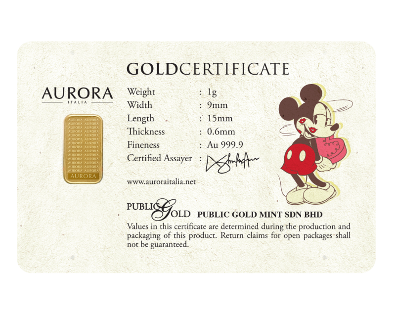 DISNEY x AURORA ITALIA (1g) 999.9 Mickey & Minnie Valentine Limited Edition Gold Bar