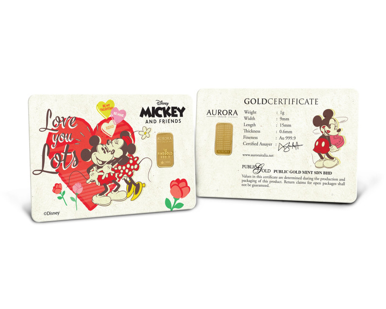 DISNEY x AURORA ITALIA (1g) 999.9 Mickey & Minnie Valentine Limited Edition Gold Bar