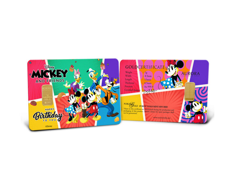 DISNEY x AURORA ITALIA (1g) 999.9 Mickey & Friend: Happy Birthday Limited Edition Gold Bar happy birthday gift