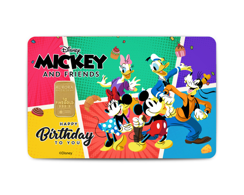 DISNEY x AURORA ITALIA (1g) 999.9 Mickey & Friend: Happy Birthday Limited Edition Gold Bar happy birthday gift