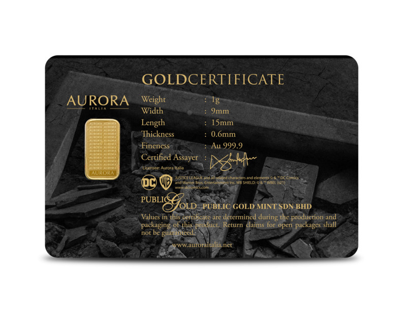 DC x AURORA ITALIA (1g) 999.9 Zack Snyder's Justice League Collection - Superman, Aquaman & Batman Limited Edition Gold Bar