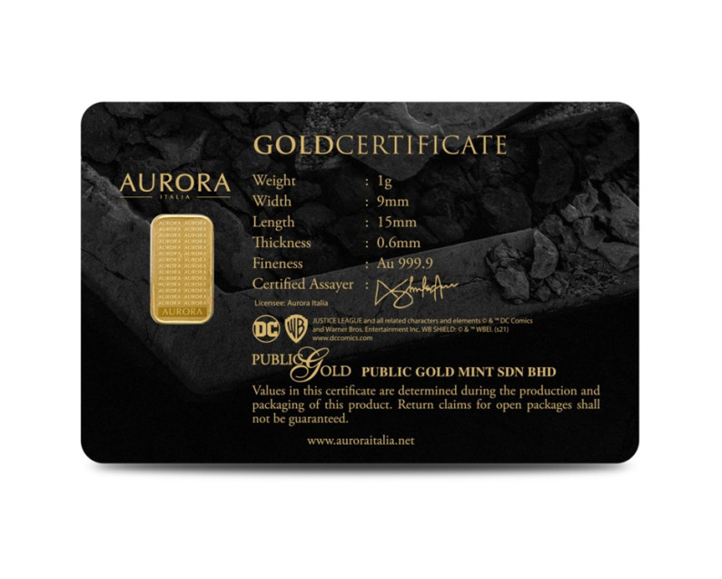 DC x AURORA ITALIA (1g) 999.9 Zack Snyder's Justice League Collection - Superman, Aquaman & Batman Limited Edition Gold Bar