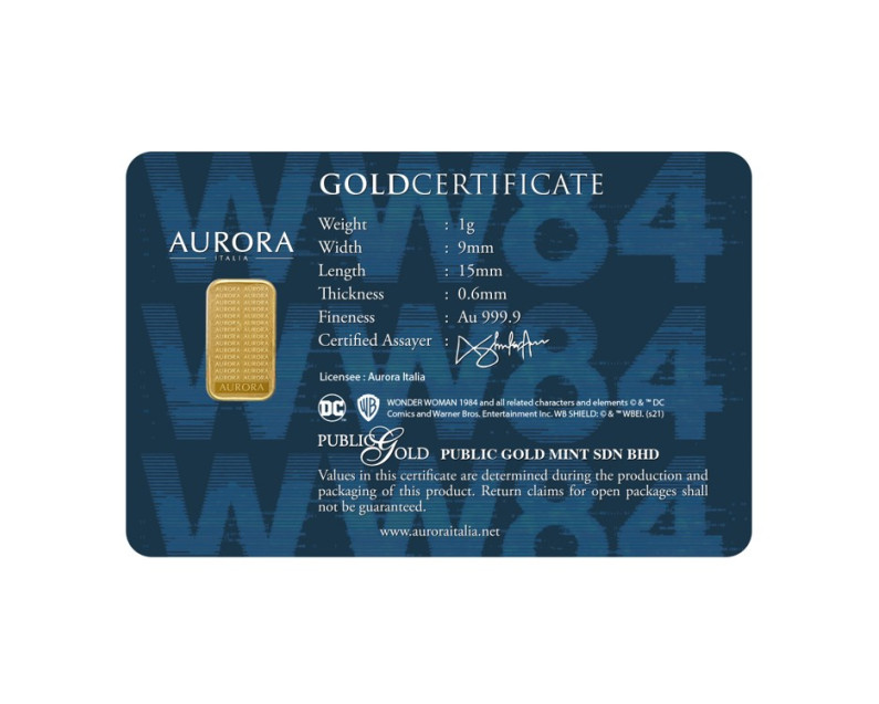 WARNER BROS x AURORA ITALIA (1g) 999.9 Wonder Woman 1984 Limited Edition Gold Bar