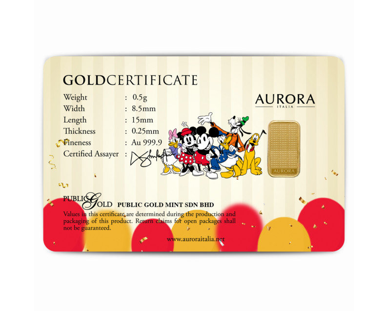 DISNEY x AURORA ITALIA (0.5g) 999.9 Mickey Happy Graduation Day Limited Edition Gold Bar