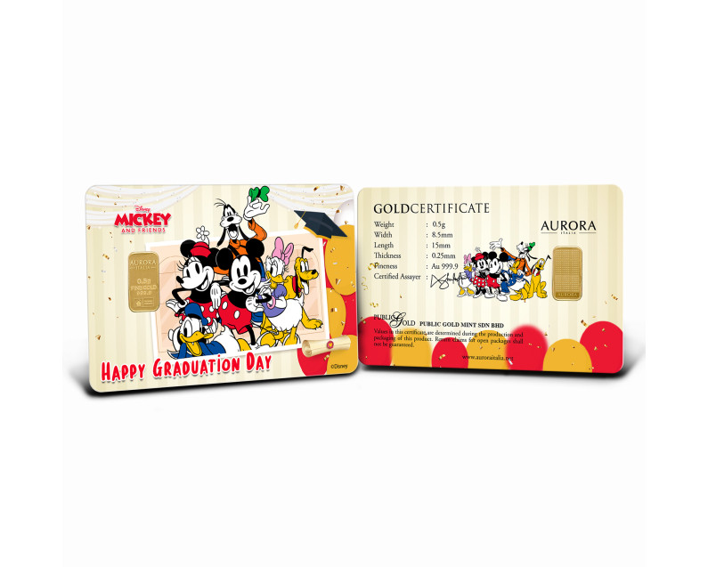 DISNEY x AURORA ITALIA (0.5g) 999.9 Mickey Happy Graduation Day Limited Edition Gold Bar